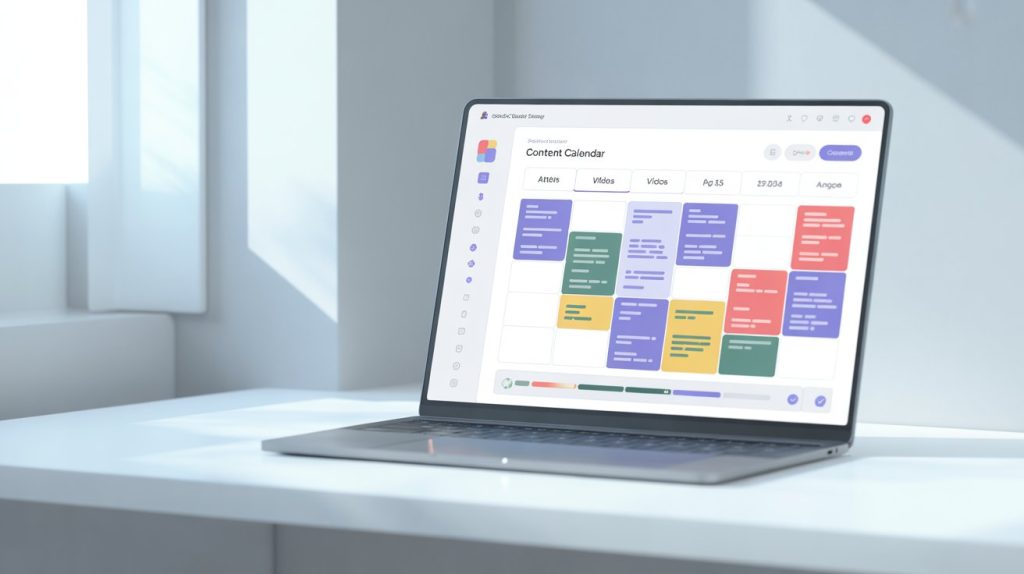 An illustration of a laptop screen with a scheduling tool, showing a stack of content being added to a pre-filled content calendar to represent the efficiency of batching.