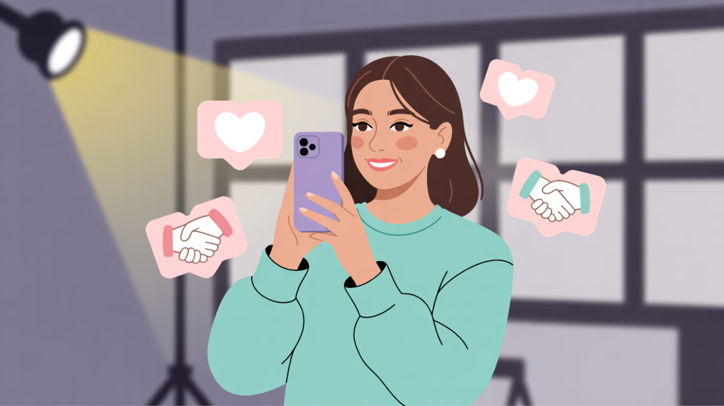 An illustration of a person filming a behind-the-scenes video with a smartphone, with heart and handshake icons, representing personal connection.