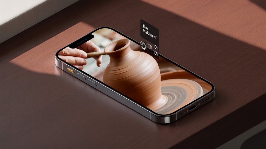 An illustration of a smartphone screen playing an Instagram Reel with a timelapse of a product being made, with a gear icon to represent behind-the-scenes authenticity.