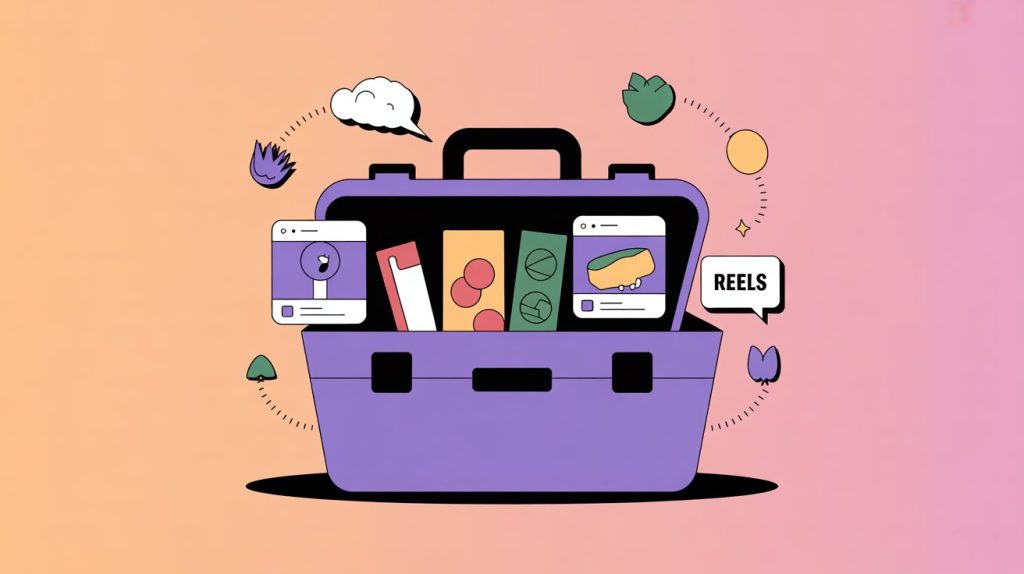 A digital illustration of a toolbox with icons representing different Instagram content formats like Reels, Carousels, and Stories, symbolizing a strategic approach to content creation.