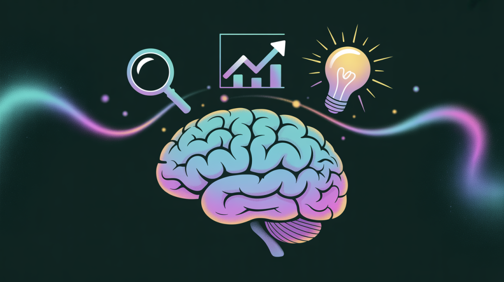 An illustration of a brain with icons for a magnifying glass, a graph, and a lightbulb flowing into it, representing brainstorming ideas.