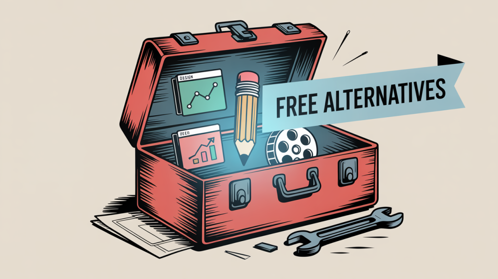 An illustration of a toolbox with glowing icons for marketing tools like design, analytics, and video, representing a guide to free alternatives.