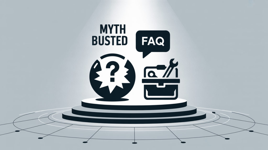 An illustration of a pedestal with icons for a "myth busted," an "FAQ," and a toolbox, representing building authority and providing value.