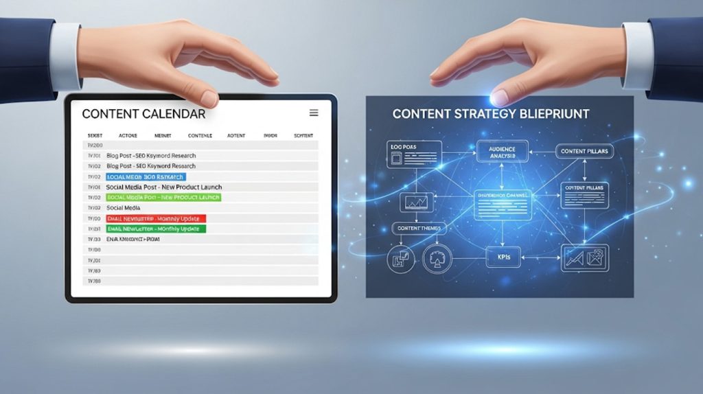 A symbolic illustration of a person's hands holding both a content calendar and a glowing content strategy blueprint, showing how the two tools work together for successful content creation.