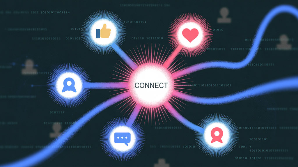 An illustration of a digital network with engagement icons at each connection point, representing the act of building a community.
