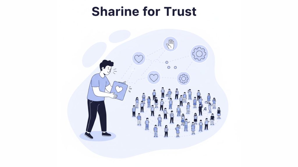 A wide illustration of a stylized figure sharing a personal story, with trust and connection icons like hearts, hands, and gears flowing from them towards a connected community, representing the trust-building aspect of stories.