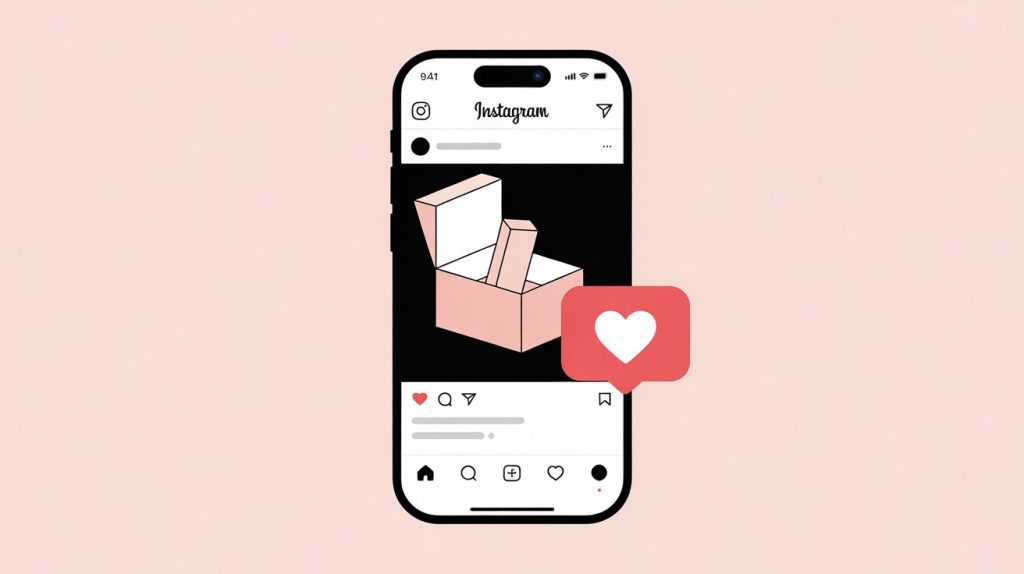 An illustration of a smartphone screen playing an Instagram Reel that shows a product unboxing, with a glowing heart icon to represent building trust.