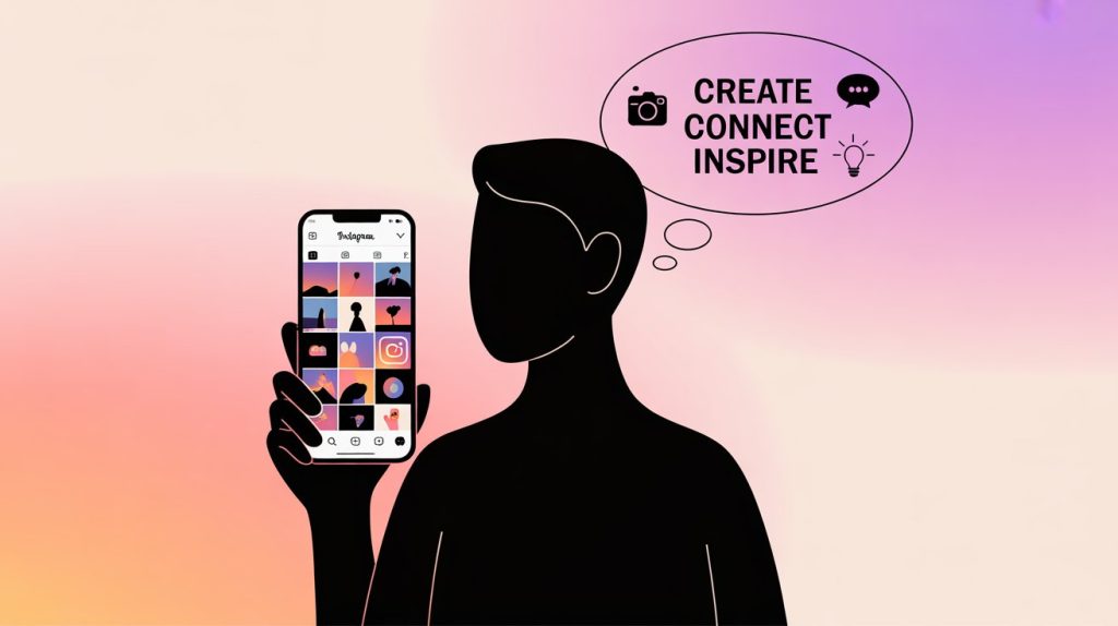An illustration of a person's silhouette holding a smartphone displaying an engaging Instagram feed, with a thought bubble of text and icons, representing a brand built without showing a face on camera.