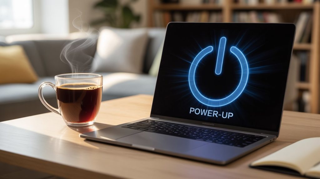 An illustration of a steaming cup of coffee next to a laptop with a glowing "power-up" icon, representing a boost of energy and focus.