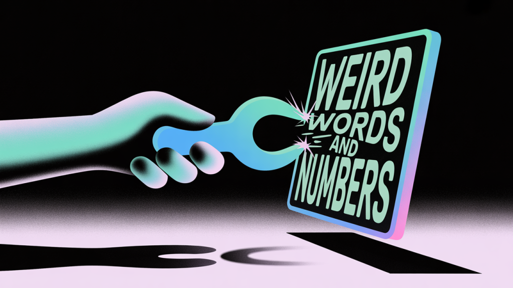 An illustration of a hand using a hook to grab a scrolling digital screen, with weird words and numbers on it, representing the use of a powerful hook for carousels.