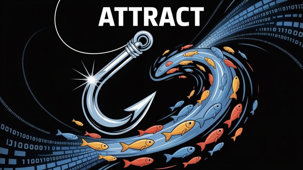 A bright fishing hook about to enter a swirling vortex of digital fish icons, symbolizing the act of attracting viewers in a fast-paced online environment.