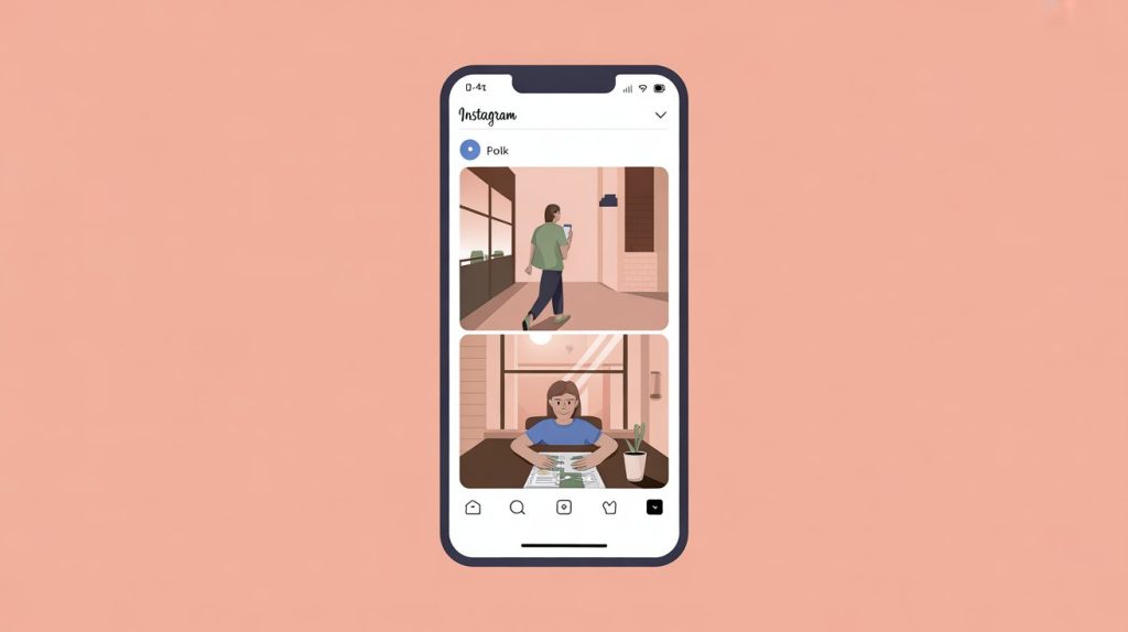 An illustration of a smartphone screen playing an Instagram Reel with clips of a person walking into an office and working at a coffee shop, representing B-roll of the work environment.