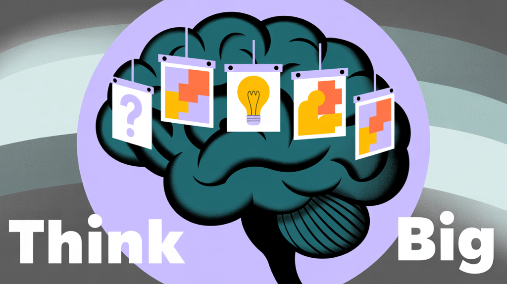 An illustration of a brain with a carousel of slides inside, showing question marks and a lightbulb, representing thought-provoking content ideas.