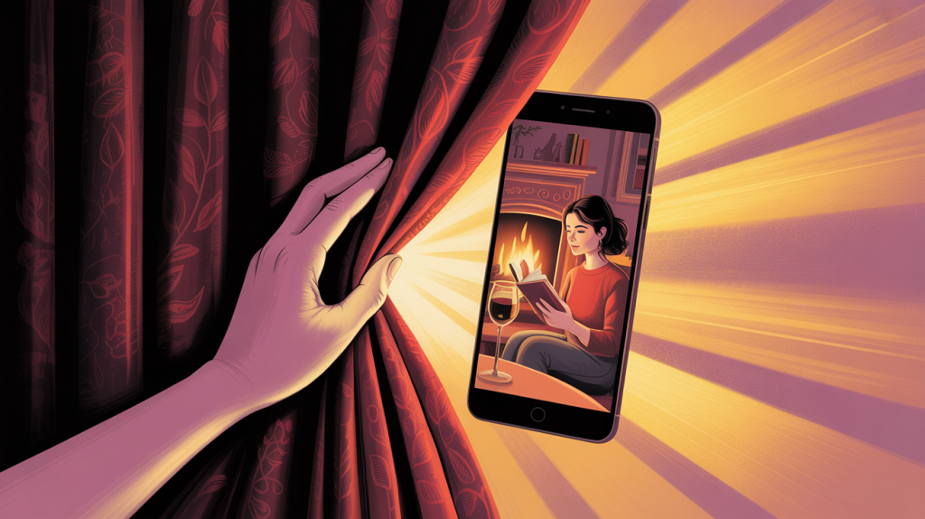 An illustration of a hand pulling back a curtain on a smartphone screen to reveal a person's life, representing relatable and transparent content.