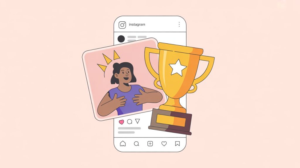 An illustration of an Instagram Story with a glowing client testimonial and a trophy icon, representing celebrating wins and using social proof.
