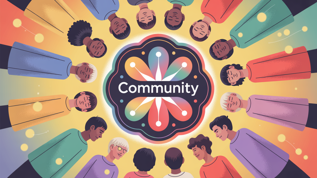 An illustration of a group of interconnected people forming a circle with a "Community" badge at the center, representing building a community of supporters.