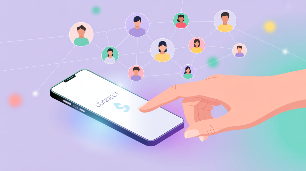 An illustration of a smartphone screen with a network of connected profiles and a hand reaching out, representing community engagement.
