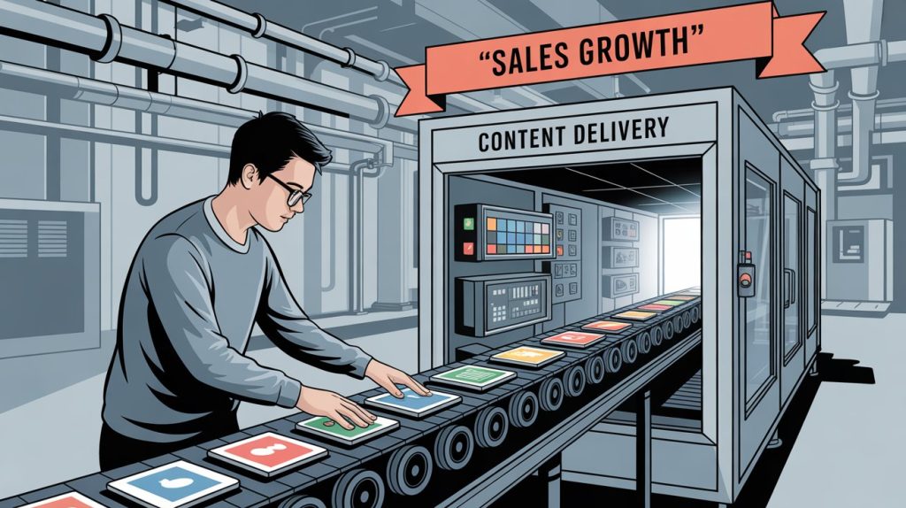 An illustration of a social media manager placing content on a conveyor belt, which leads to a complex sales box with controls outside their reach, to illustrate their limited role in direct sales.