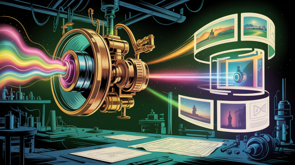 An illustration of a spinning engine generating unique images and video clips, representing tools for image and video resources.
