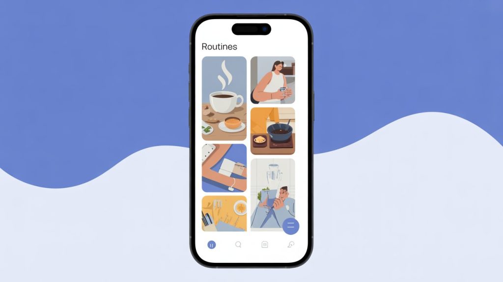 An illustration of a smartphone screen with a collage of small images depicting daily life, such as drinking coffee, cooking, and a workspace, representing content for routines.