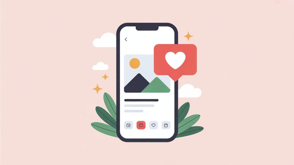 An illustration of a smartphone screen with a personal photo and a glowing heart icon, representing authentic and personal storytelling content.