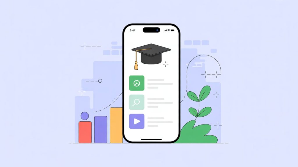 An illustration of a smartphone screen showing a step-by-step tutorial video with a graduation cap icon, representing educational content.