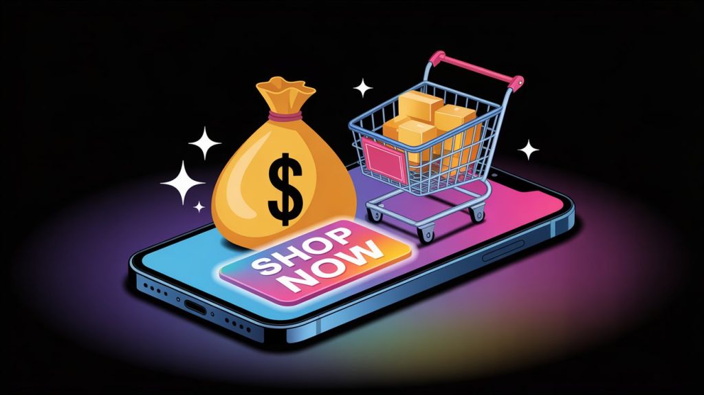 An illustration of a CTA on a smartphone screen pointing directly to a money bag and a shopping cart, representing a direct conversion or sale.
