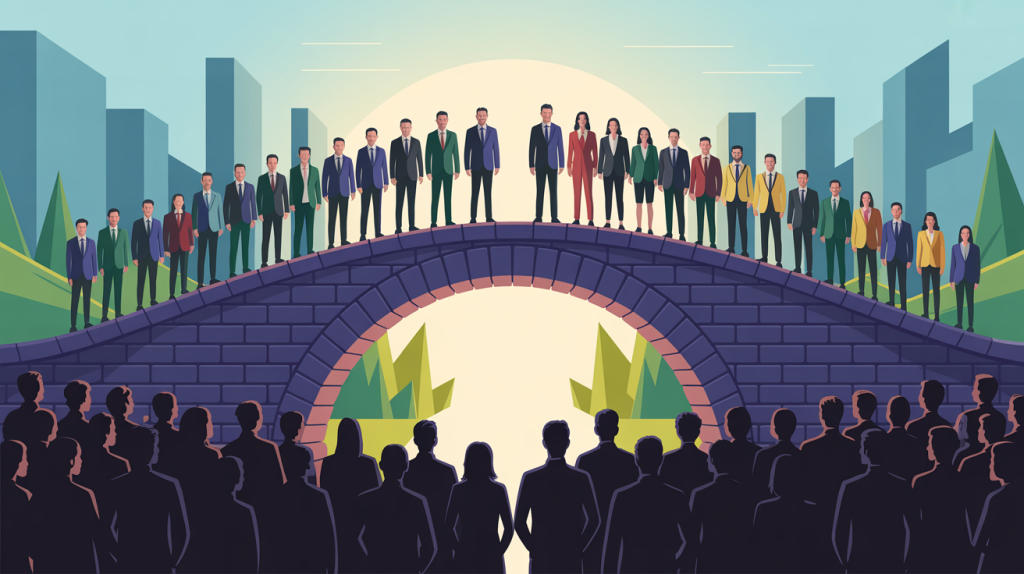 An illustration of a bridge connecting an audience to a group of paying customers, representing the conversion process in content marketing.