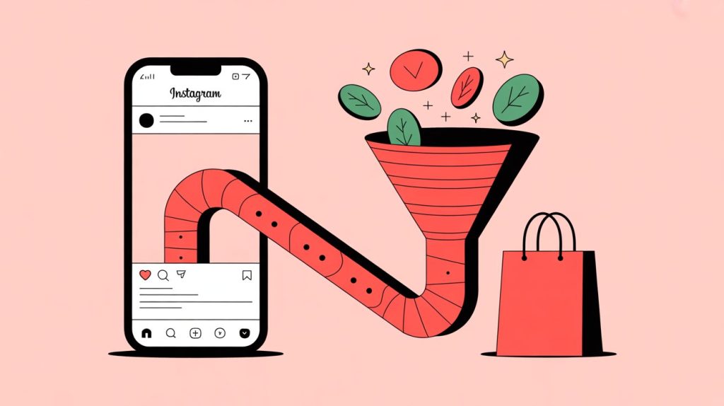 An illustration showing an Instagram Reel on a smartphone with a path leading through a sales funnel into a shopping bag, representing the conversion of views into sales.