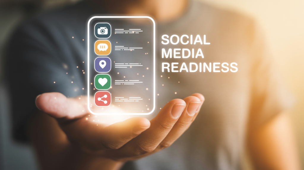 An illustration of a hand holding a glowing checklist with five icons representing key questions, representing a guide to social media readiness.