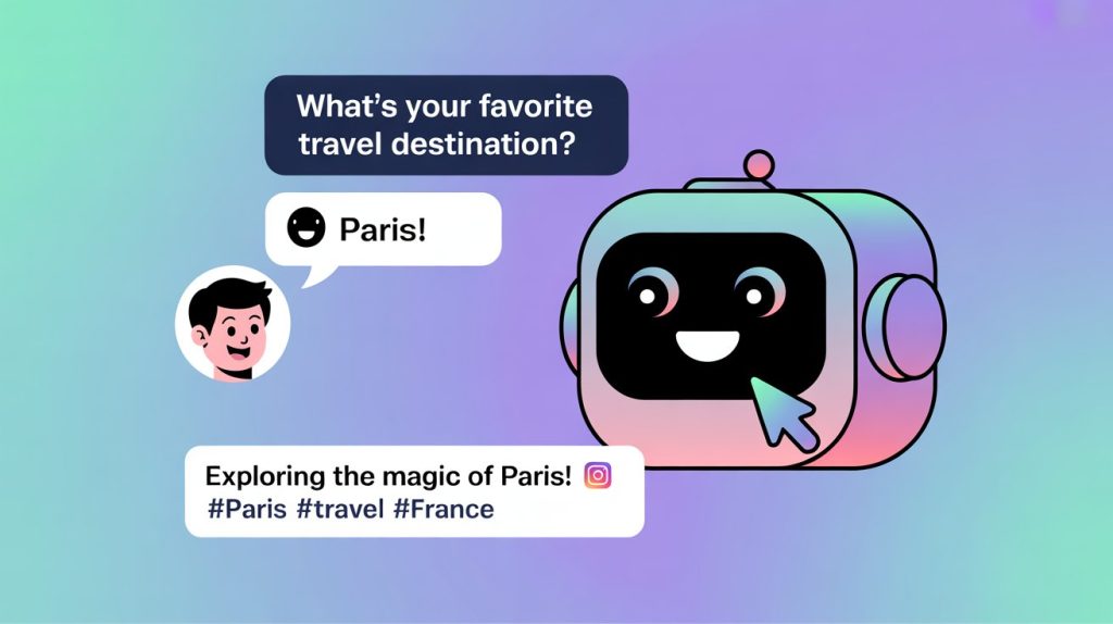 An illustration of a conversation between a user and an AI chatbot, where the AI asks questions and then generates a personalized Instagram caption.
