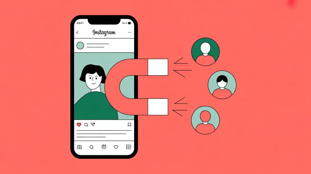 An illustration of an Instagram bio on a smartphone screen with a magnet icon pulling follower icons, representing a magnetic biography.