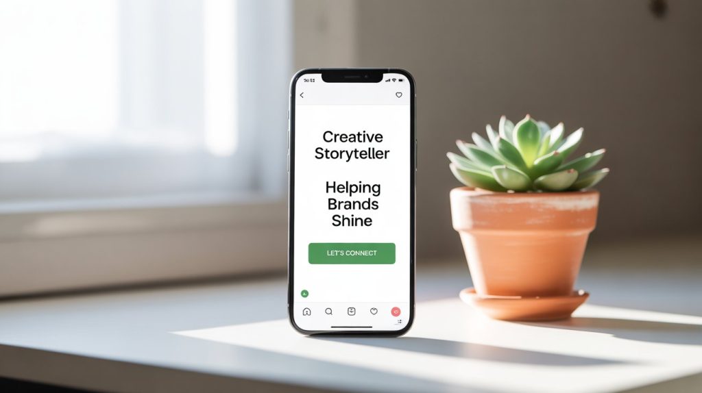 An illustration of a professional Instagram profile bio on a smartphone screen, with a clean and impactful three-line description that highlights a brand's value.