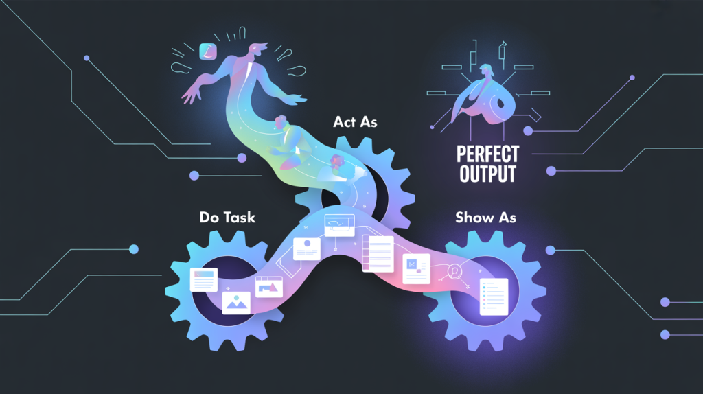 An illustration of a three-part system with gears for "Act As," "Do Task," and "Show As," with a perfect output icon coming out of the final gear, representing the three-part formula for perfect prompts.