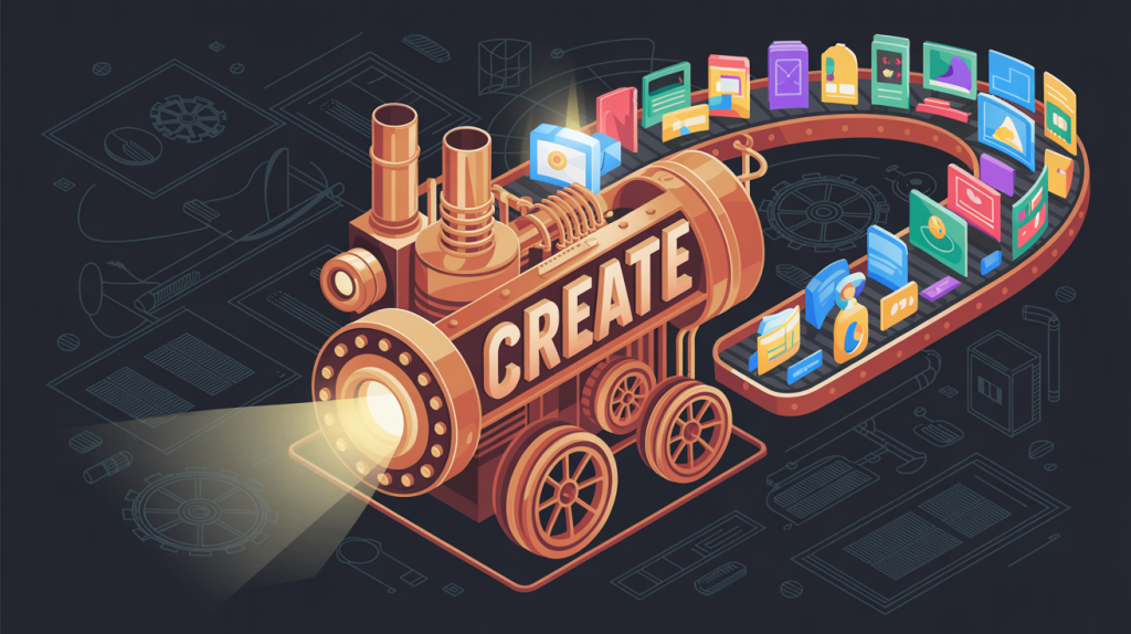 An illustration of an engine labeled "Create" with a conveyor belt producing glowing content icons, representing consistent, quality content creation.