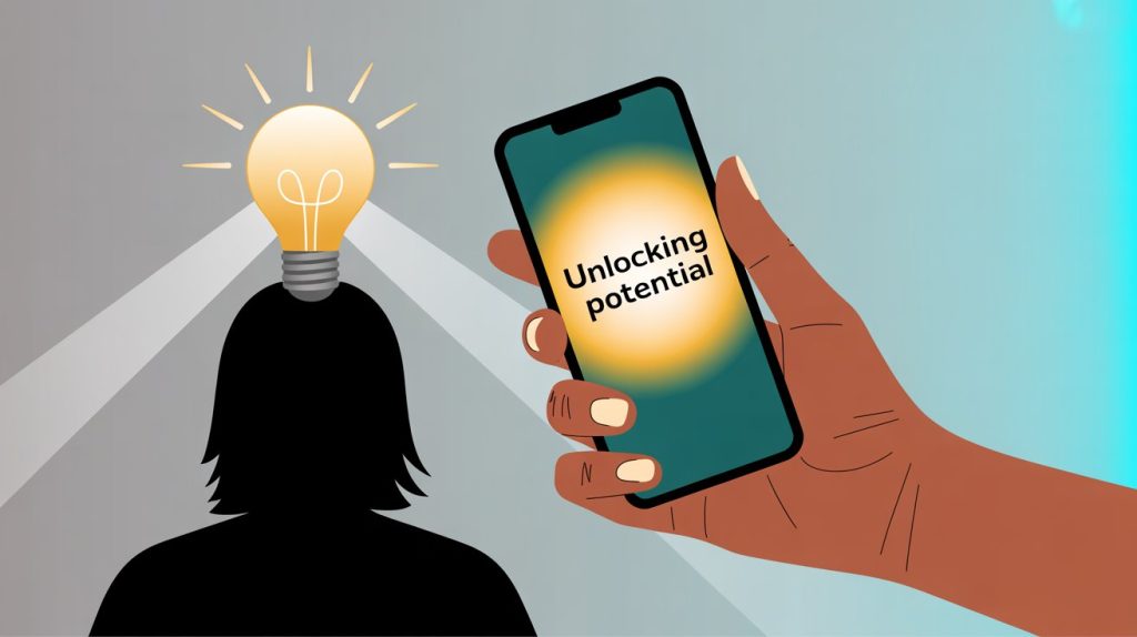 An illustration of a hand offering helpful content from a smartphone to an audience member, who has a lightbulb above their head, symbolizing a problem being solved.