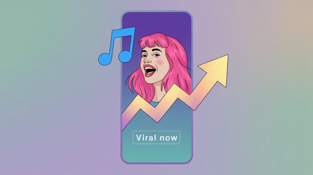 An illustration of a smartphone screen with a person lip-syncing to a song, with a musical note and trending arrow, representing creative and trending content.