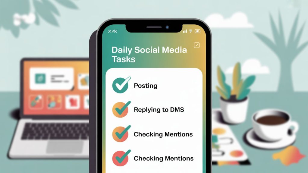 An illustration of a smartphone screen with a visual checklist of daily social media tasks, including posting, replying to DMs, and checking mentions.