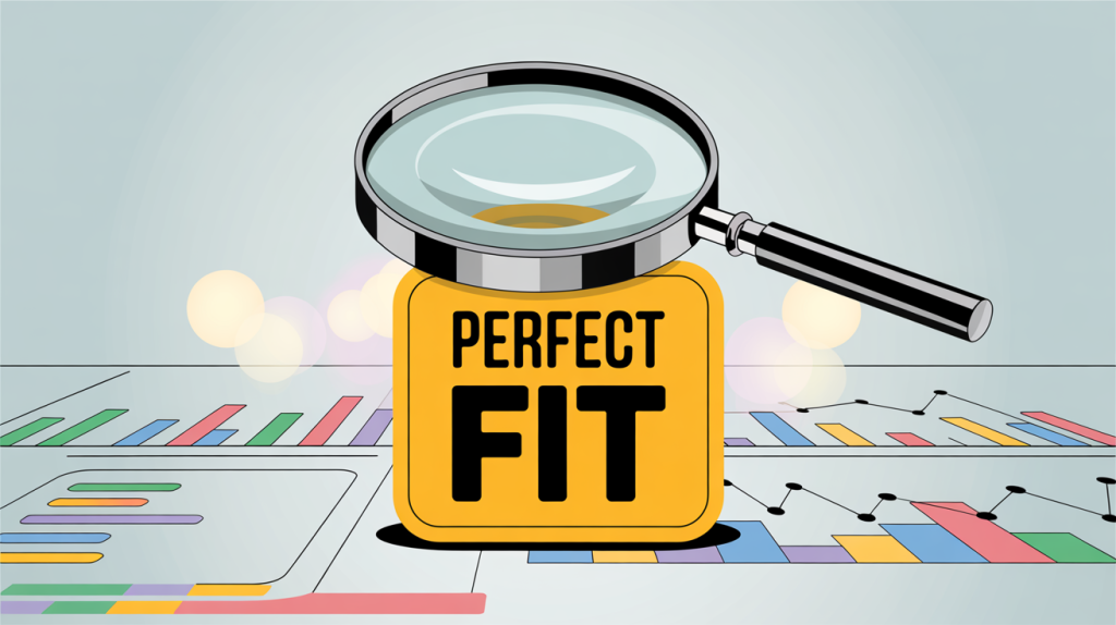 An illustration of a magnifying glass hovering over a data chart, with a "perfect fit" badge emerging, representing gathering data and validating content-audience fit.