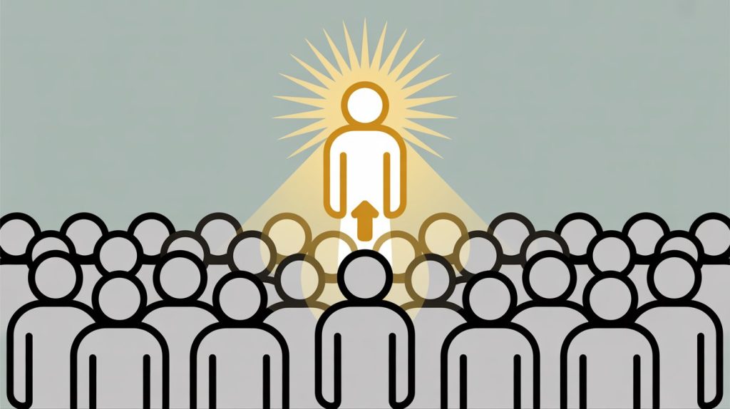 An illustration of a crowd of identical person icons with one unique, glowing icon, representing a brand defining its unique selling proposition.
