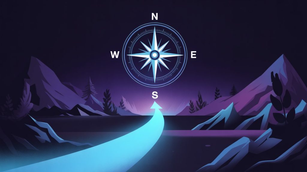 An illustration of a compass with the word "WHY" in the center, and a glowing path extending from it, representing a brand's purpose.