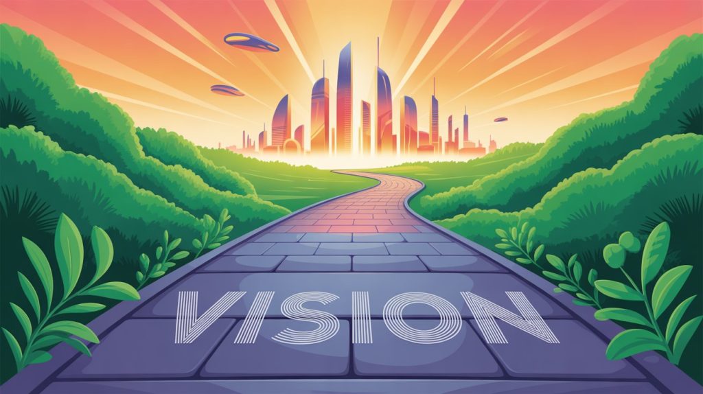 An illustration of a path with the word "VISION" leading toward a glowing future scene, representing a brand's long-term goals and vision.