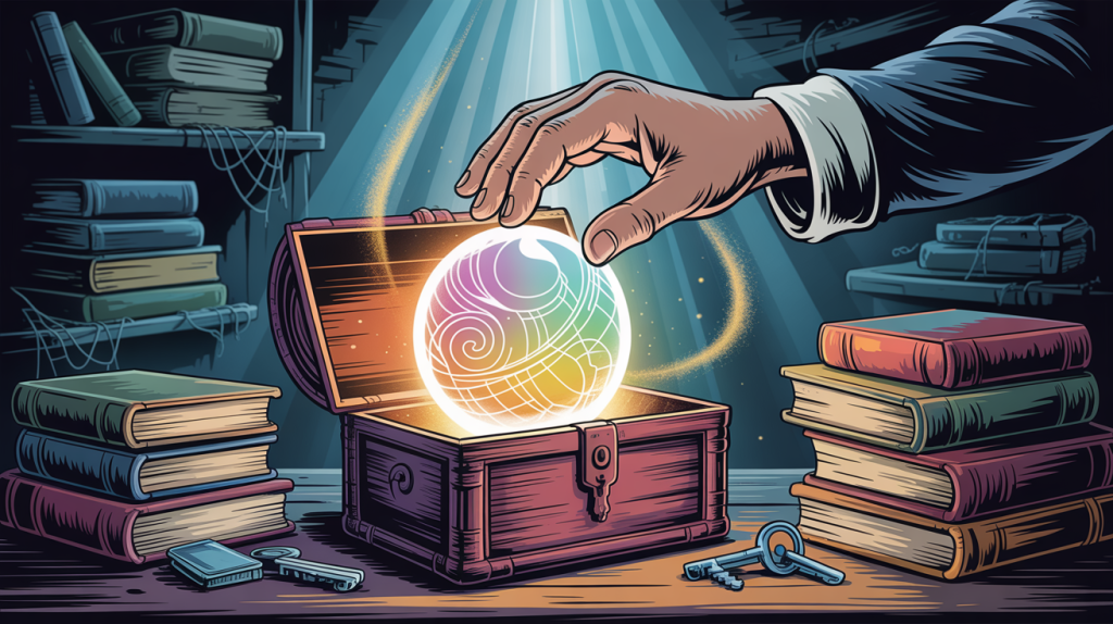 An illustration of a hand reaching into a chest of generic items and pulling out a glowing, unique item, representing the delivery of exceptional content.