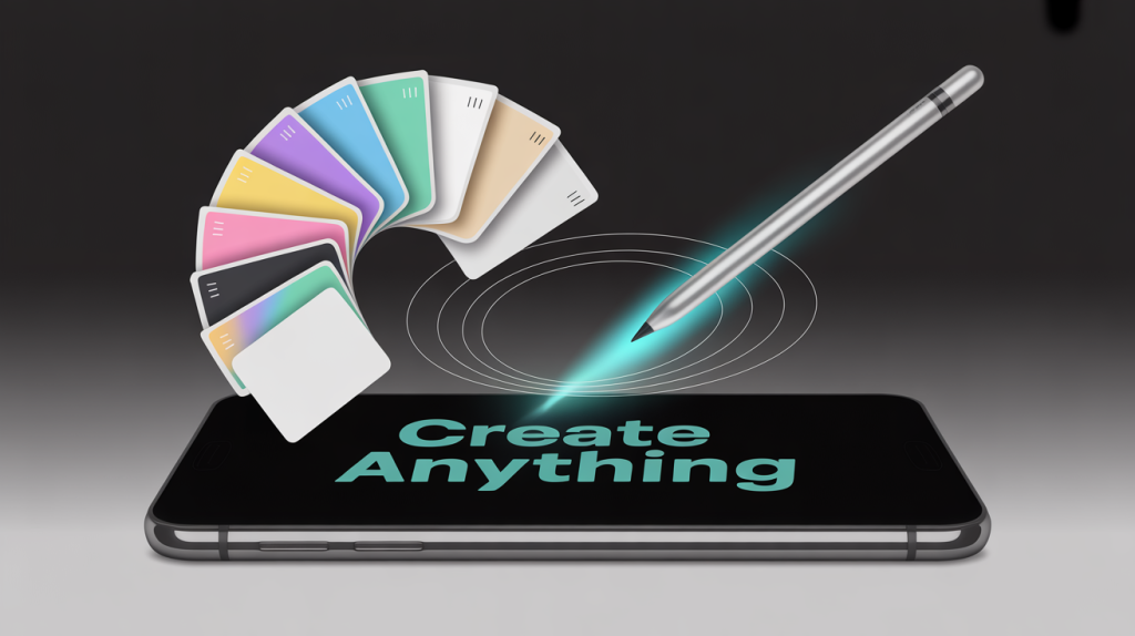 An illustration of a smartphone screen with design elements orbiting around it, and a stylus arranging them, representing tools for visual content creation.