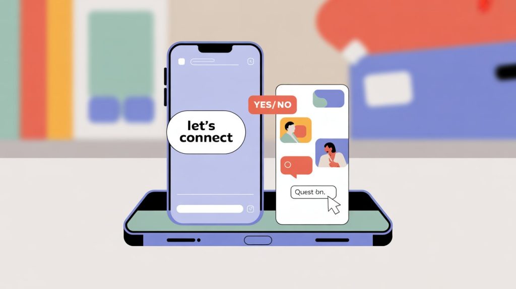 A split illustration of a smartphone screen showing a DM conversation and an Instagram Story with interactive stickers, representing direct communication and relationship building.