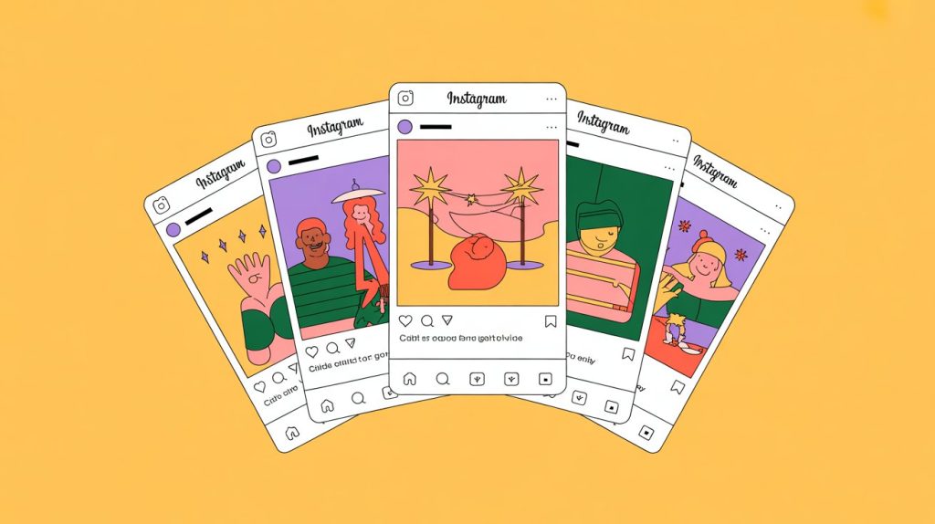 An illustration of an Instagram carousel post with multiple slides fanning out, representing a multi-part guide or story.