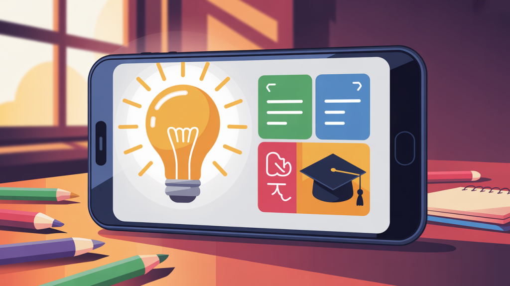 An illustration of a smartphone screen with a step-by-step tutorial, and a lightbulb and graduation cap icon, representing educational content.