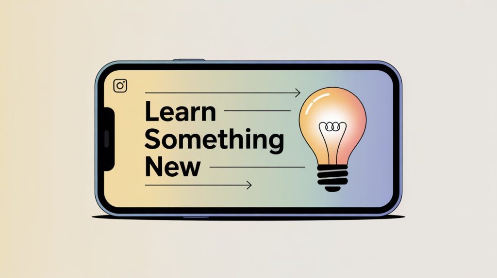 An illustration of an Instagram Story on a smartphone that shows a multi-step tutorial with text overlays and a lightbulb icon, representing educational content.