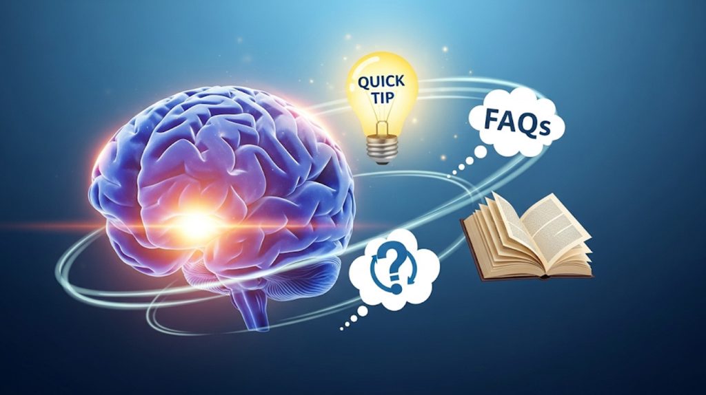 An illustration of a brain with icons for quick tips, FAQs, and books floating around it, symbolizing the creation of valuable and educational content.