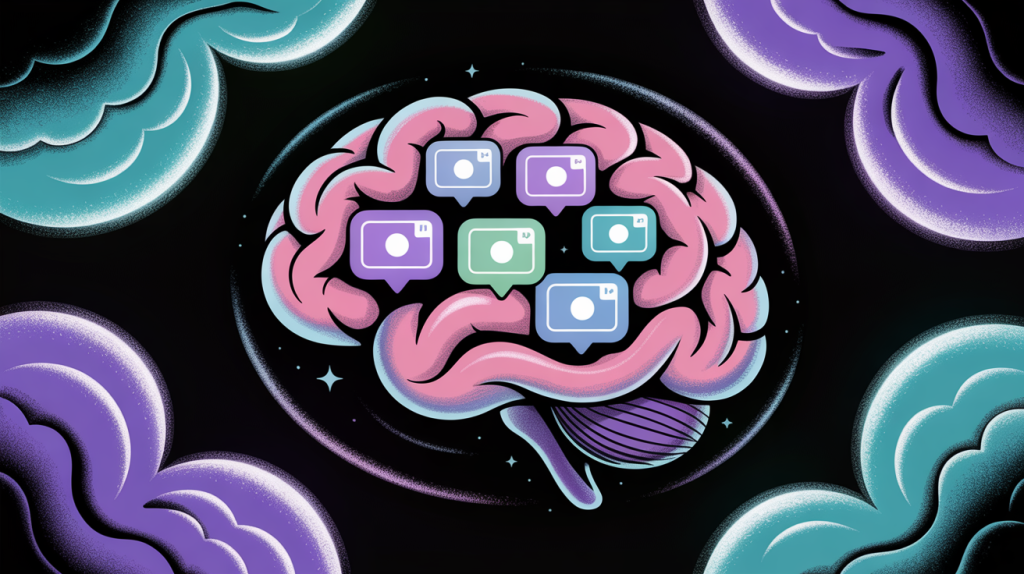 An illustration of a brain with icons for comments and reels, representing the strategic process of engaging with content and getting inspired.
